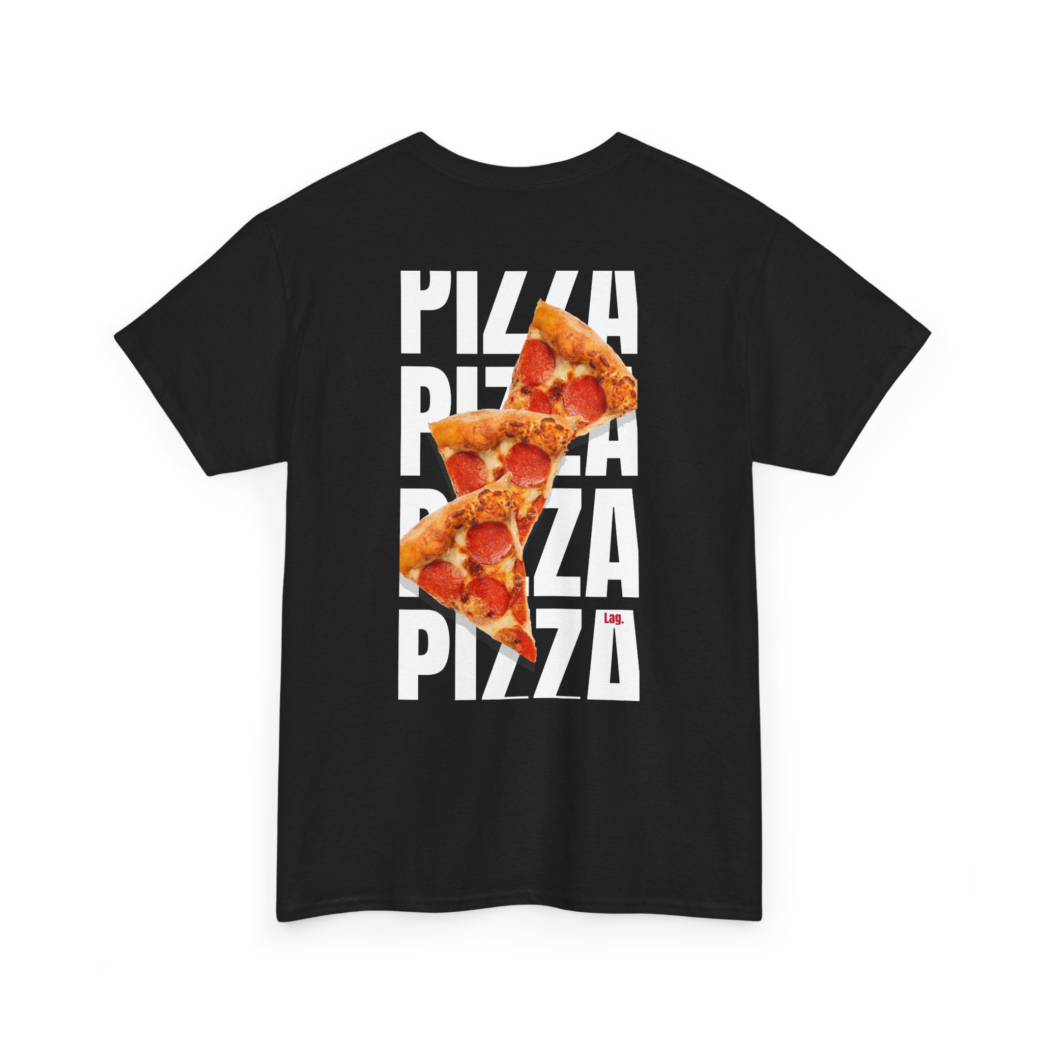 Pizza Slice Graphic Tee — Minimal 'Lag.' Front Logo, Back Pepperoni Pizza Art